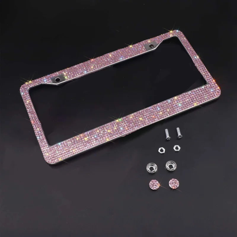 Bling Crystal License Plate Frame Women Luxury Handcrafted Rhinestone Car Frame Plate with Ignition Button For USA Canada Truck - Цвет: Pink