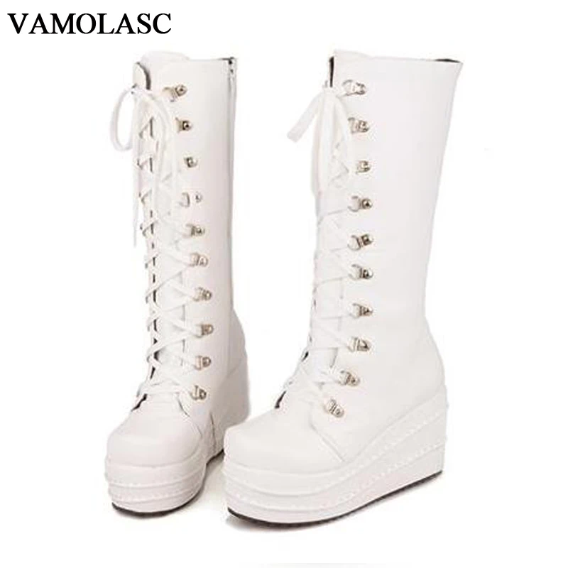 VAMOLASC New font b Women b font Autumn Winter Warm Leather Mid Calf Boots Lace Up