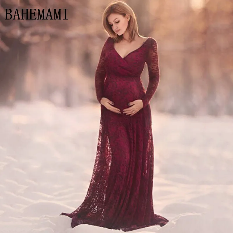 

Vestido Lace Maternity Dress Photography Prop V-neck Long Sleeve Wedding Party Gown Pregnant Dresses For Photo Shoot Cloth Plus
