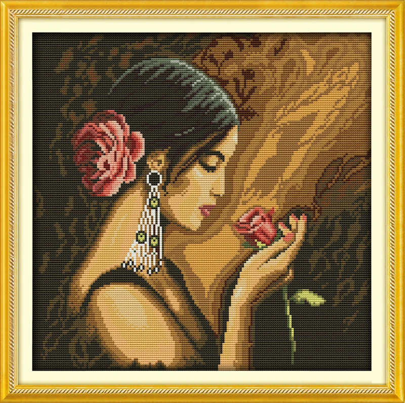 

Rose girl Counted 11CT Printed 14CT DMC Cross Stitch Set DIY Chinese Cotton Cross-stitch Kit Embroidery Needlework