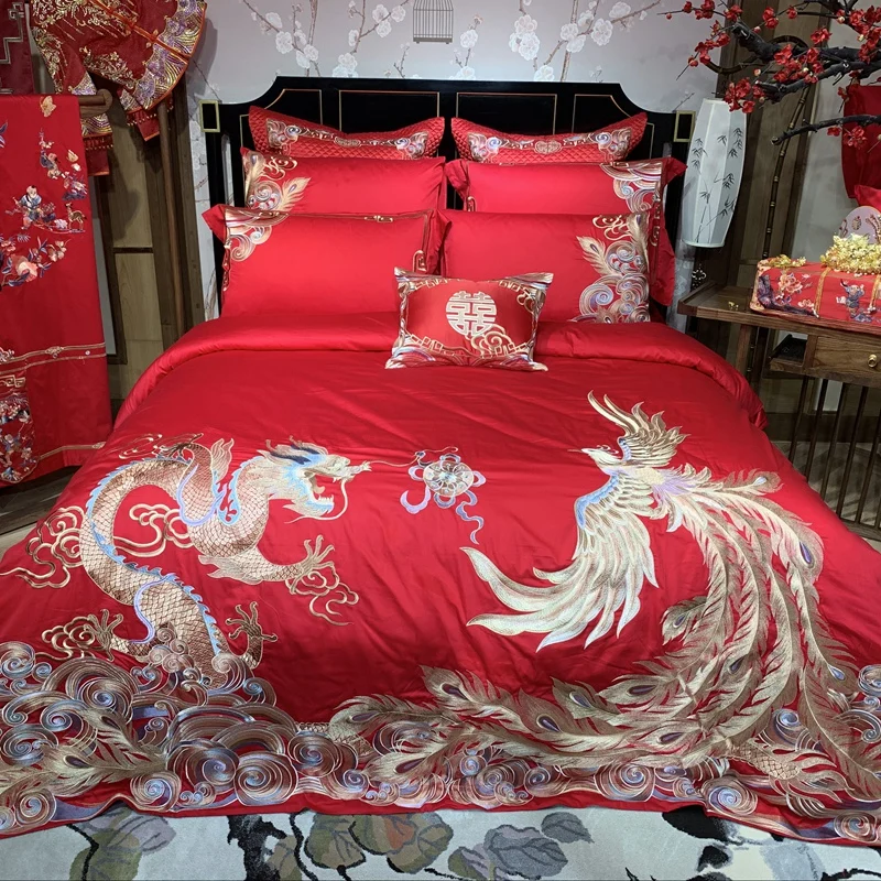 

Luxury Gold Loong Phoenix Embroidery Egyptian cotton Red Wedding Bedding Set Duvet Cover Bed sheet/Linen Bedspread Pillowcases