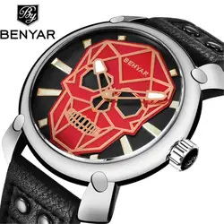 2019New для мужчин часы крутой панк-череп часы Benyar Элитный бренд кожа кварцевые наручные часы красный сталь часы Reloj Hombre для мужчин подарок