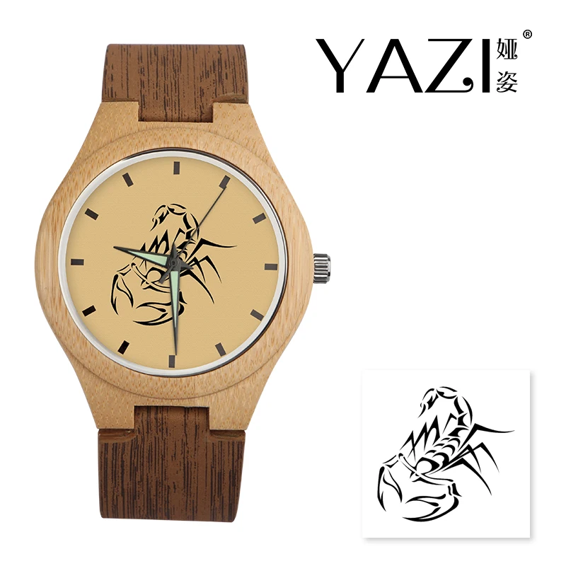 

YAZI DIY Wooden Watch Scorpion Lucky Logo Quartz Watch Natural Bamboo Wood Case Wrist Watches Wood Stripe Band Gift For Friend