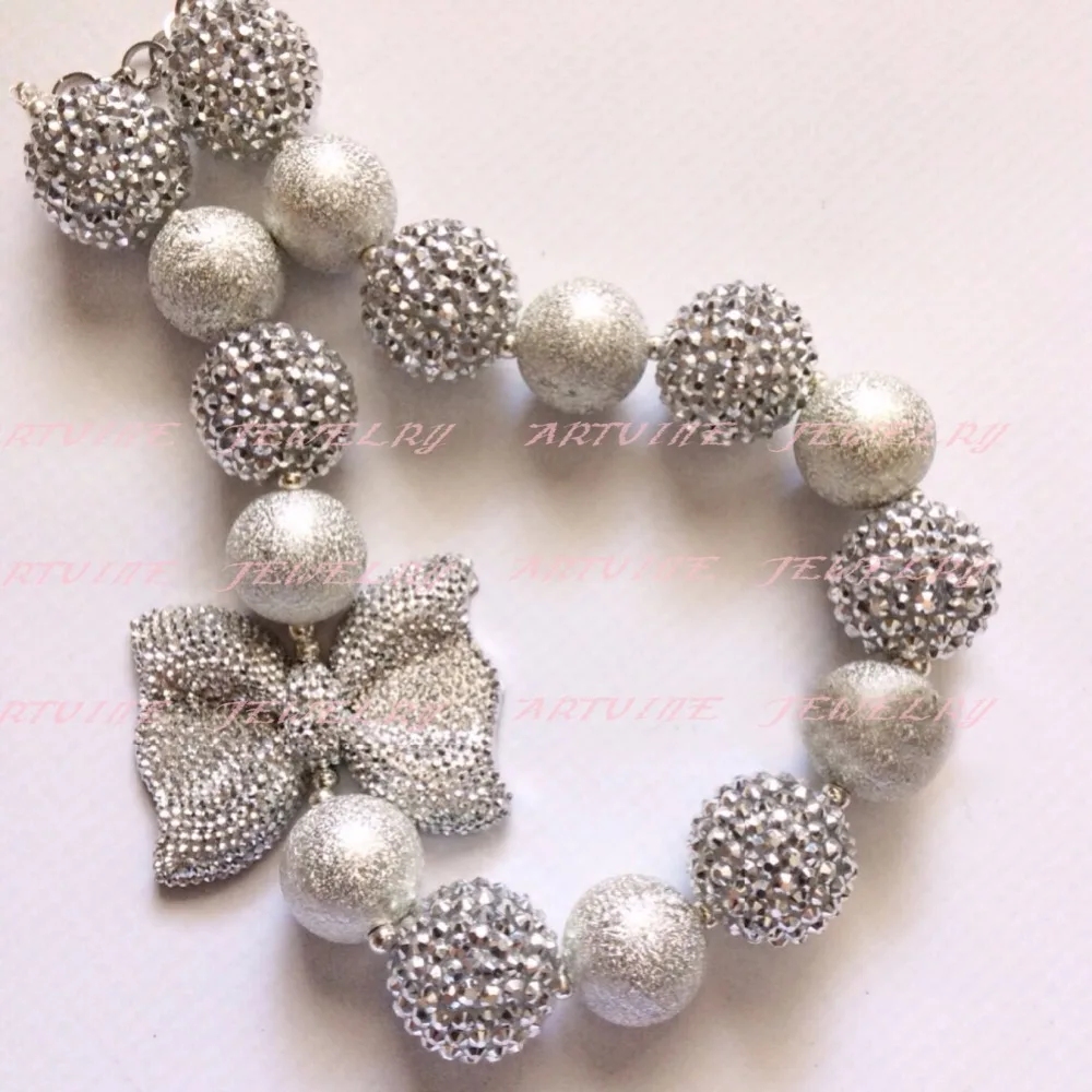 

2pcsPlatinum Rhinestone silver bubblegum necklace with bow. First birthday. Baptism chunky necklaceCB564