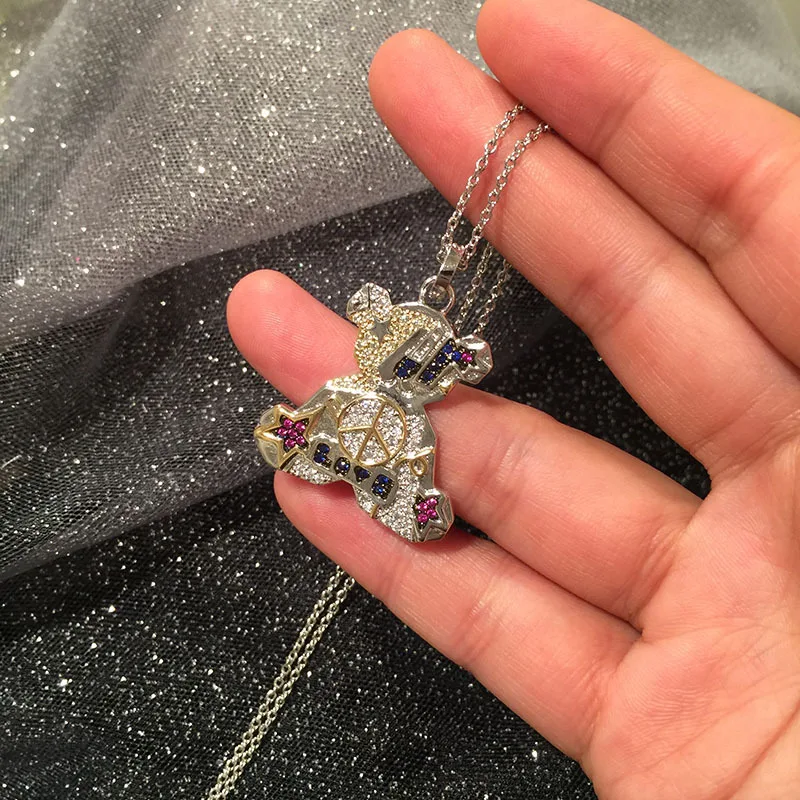 OL модное свободное регулируемое ожерелье с длинными цепями серебряная мозаика вымощенная AAA+ CZ великолепное ожерелье с мишкой Тедди и Подвеска для женщин