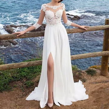 

3/4 Long Sleeves Beach Bohemian Wedding Dresses Chiffon Scoop Neck Appliques Long Bridal Gowns With Side Split