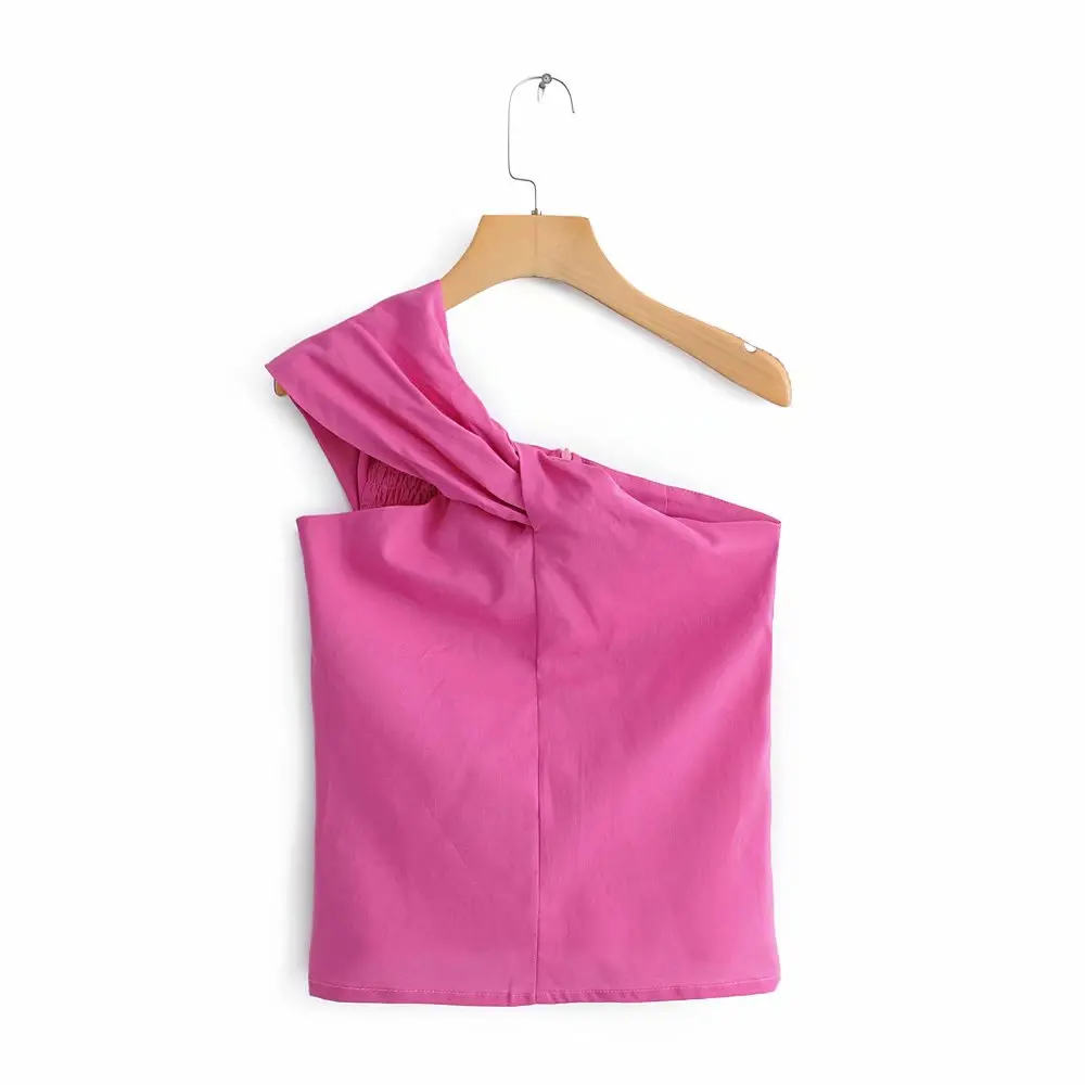 Stylish Women Fuchsia One Shoulder Shirts for Ladies Summer Cotton-Linen Blouse Chic Girls Casual Streetwear Tops femme shirts & tops Blouses & Shirts