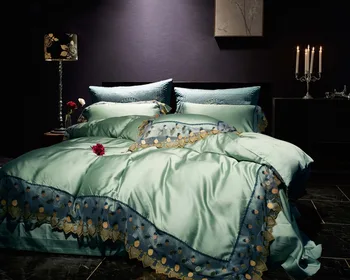 

Europe Noble grey 80S Tencel Embroidered Bedding sets Queen King Luxury Lace Edge Duvet cover Royal Bed sheet set 4/6pcs