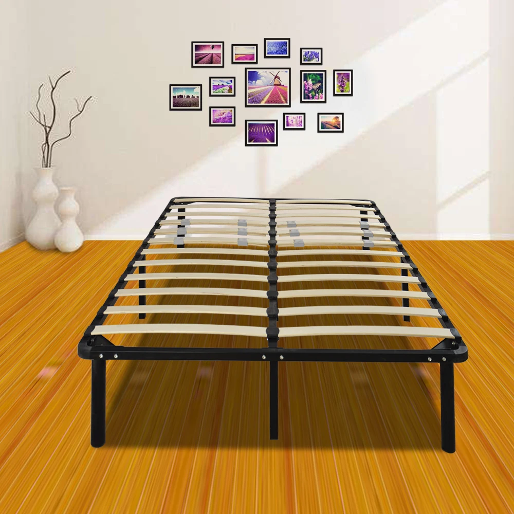 Queen Size Metal Iron Bed Stand with Wooden Slat Black Dropshipping on