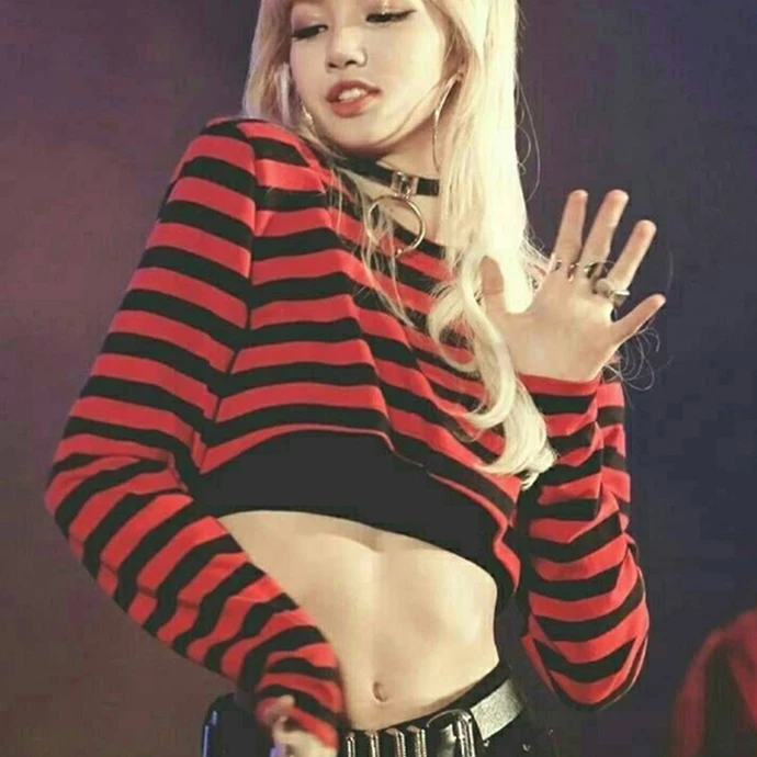 

kpop Korean Celebrity stripe hoodies women long-sleeve pullover hip hop high waist sweatshirt female dance studio korean clothes