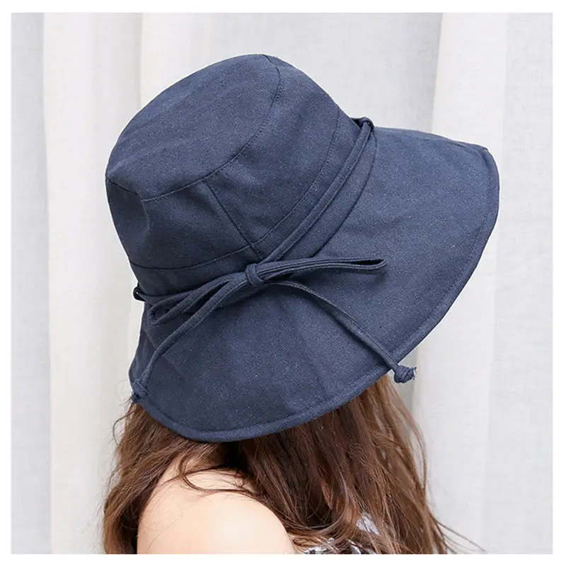 Bucket Hat Women Solid Color Cotton Fisherman Hat Cap Summer Sun Hat Foldable Big Wide Brim