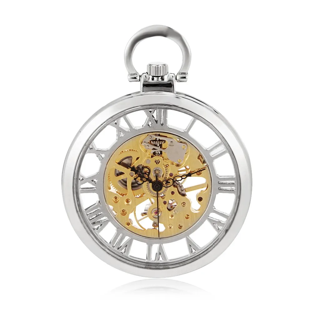 Мужские серебристые механические часы со скелетом, с ручным заводом, классные военные римские цифры, женские карманные часы, круглые антикварные псевдо антикварные часы