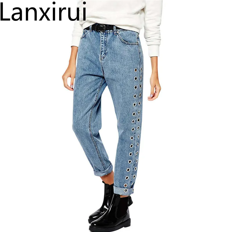 

Lanxirui 2018 Bf Wind Frauen Lose Hosen Hosen Hohe Taille Jeans Knochellangen Gerade Denim Hohlen Metall Rivet Jeans Oct17