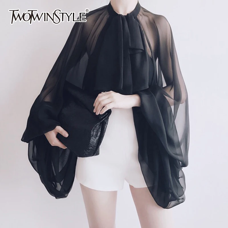 Kaufen TWOTWINSTYLE Bowknot Chiffon Bluse Shirt Frauen Laterne Hülse Tüll Transparent Sexy Tops Große Größe 2019 Frühling Sommer Casual
