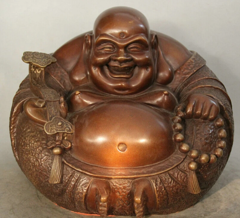 

150401 S1213 14" Chinese Buddhism Red Bronze Ru Yi Beads Happy Laugh Maitreya Buddha Statue