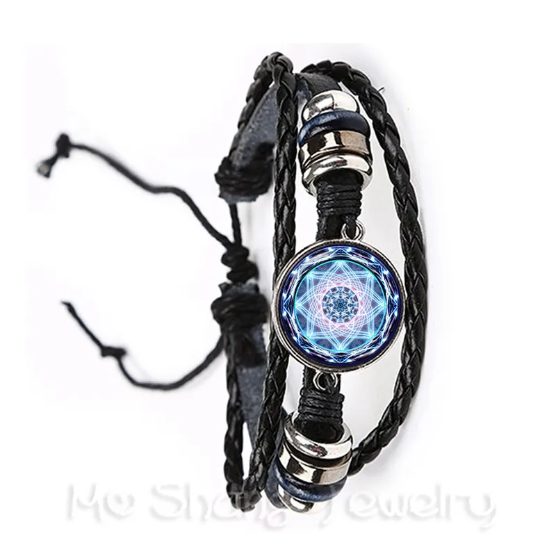 Classic OM Yoga Chakra Mandala Glass Dome Bracelet Geometric Purple Flower Black/Brown 2 Color Leather Cords Adjustbale Bangle | Украшения