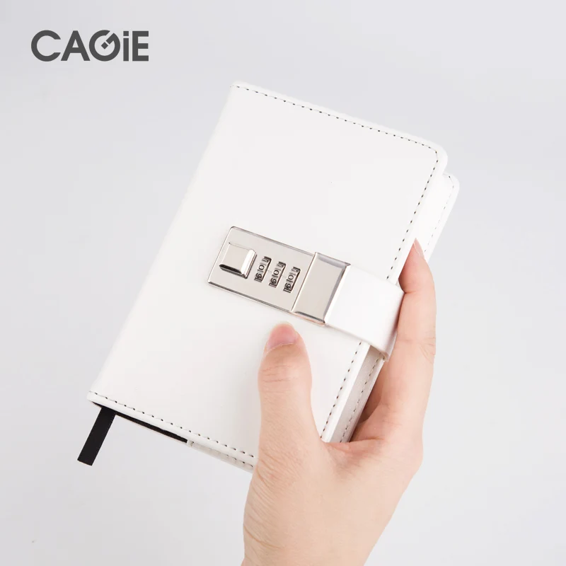 

CAGIE Cute Black/White a7 Lock Notebook Mini Pocket Personal Diary With Lock Traveler Journals Leather Sketch Book Planners