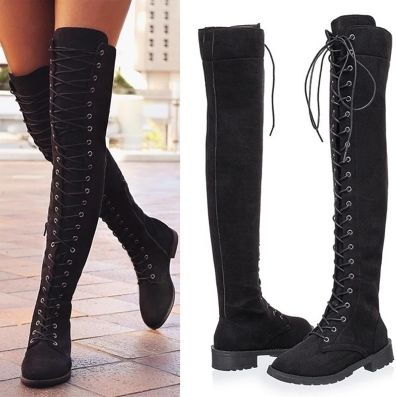 

2018 New Women's Fashion Womens Knee High Boots Flat Ankle Snow Dance Lace Up Canvas Long Boots Zapatos De Mujer Botas