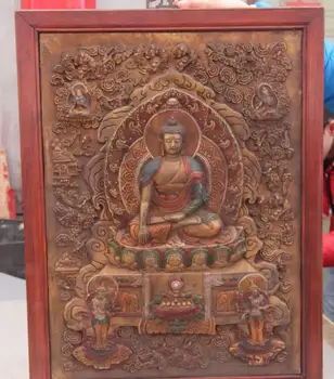 

Tibet Wood inlay Copper board Painted Sakyamuni Buddhism Shrines Thangka Screen