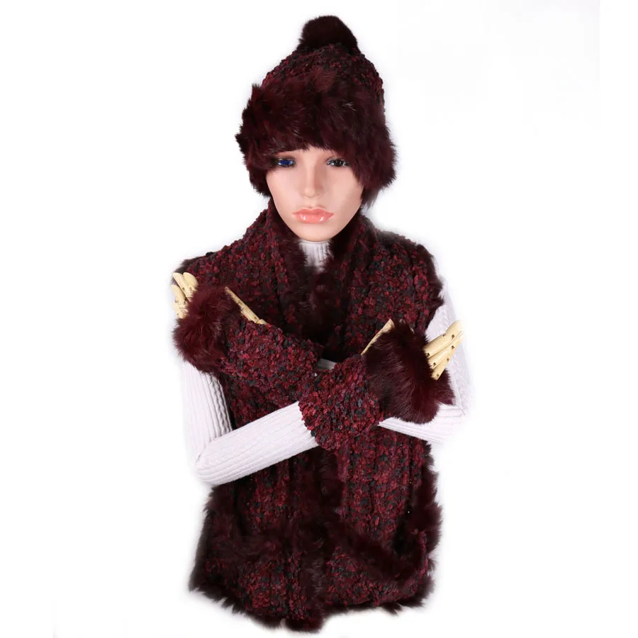 YWMQFUR зимняя меховая шапка шарф перчатки наборы для женщин модные дамские шапочки шапки винтажные вязаные с натуральным кроличьим мехом женские шарфы