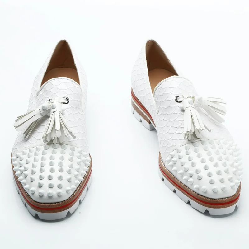 LOUBUTEN White Snakeskin Pattern Genuine Leather Tassel Loafers Slip On Men Dress Shoes Luxury Rivets Casual Shoes