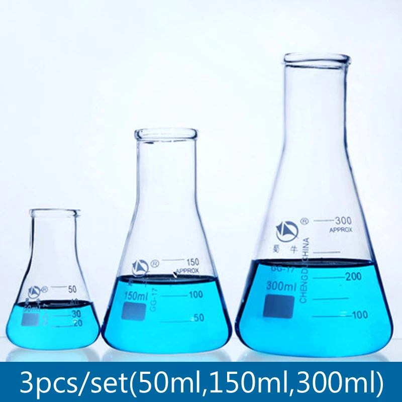

3 pieces/set Conical Glass Flask Wide neck Borosilicate Erlenmeyer flask Laboratory Chemistry Equipment (50,150,300ml)/set