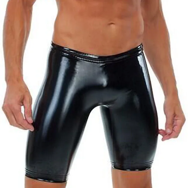 Black Solid Men Sexy Lingerie Patent Leather Shorts Wetlook Exotic Shorts Knee High Mens Boxer Smooth Slim Shorts Exotic Pants