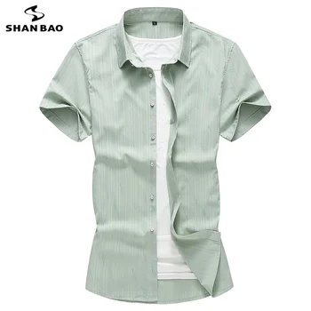 

SHANBAO Brand Green Sky Blue White Light Stripe Men's Business Casual Summer Fashion Short Sleeve Shirt big size 5XL 6XL 7XL