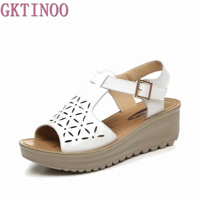 2018 Fashion new female genuine leather sandals women hollow open toe wedges sandals women's summer shoes