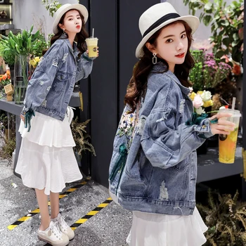 

Korean Vogue Loose Embroidery Jean Jacket Women Ripped Hole Bow Tied Flower Patch Single Breasted Denim Coats Fashion Streetwear