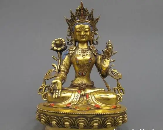 

12 Tibet Buddhist Refined Bronze gild White Tara Kwan-Yin Goddess Buddha statue
