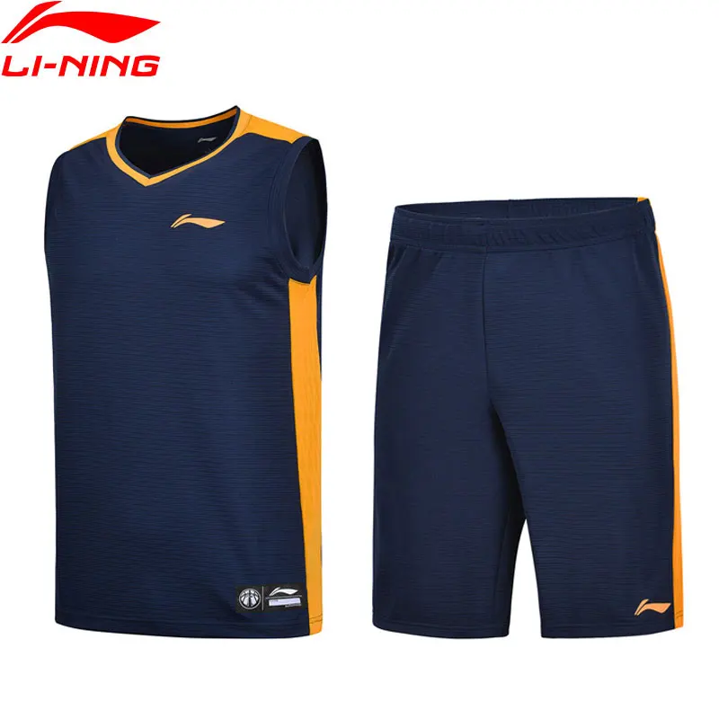 Günstige Li Ning Männer Basketball Wettbewerb Anzüge 2 Stück Polyester Atmungsaktive Weste + Shorts Futter Sport Sets AATP001 MSY184