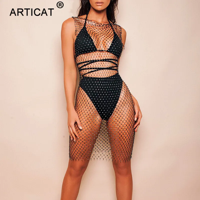 Articat Crystal Diamond Mesh Sexy Bodycon Dress Women Hollow Out Fishnet Summer Beach Knee-Leng Dress Transparent Party Vestidos