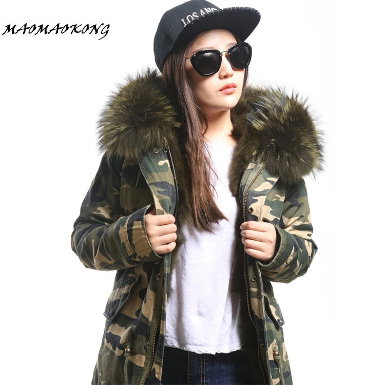 

2017 women winter parka military camouflage large raccoon fur collar hooded coat outwear real fox fur lining winter jacket brand