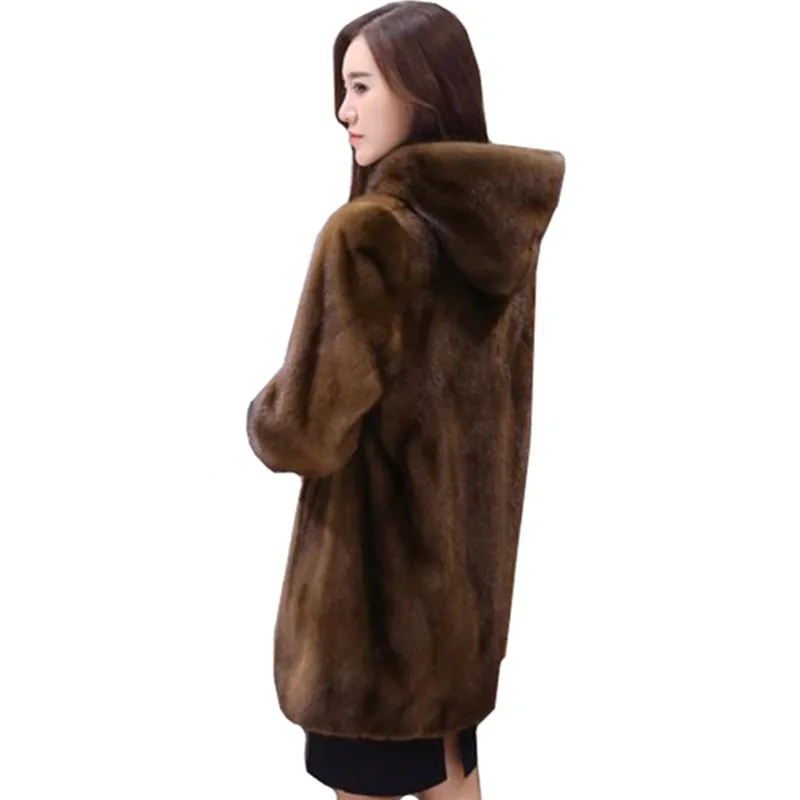 Эксклюзивное женское меховое пальто с капюшоном элегантное высококачественное пальто из искусственного меха норки свободное теплое пальто из искусственного меха большие размеры S-6XL G783 - Цвет: Brown