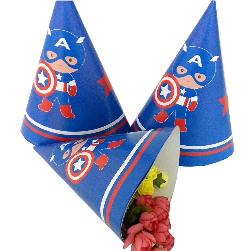 

6pcs/lot Captain America Kids Birthday Party Decoration Theme Paper Caps Party Supplies Family Party Disposble Paper Supplies