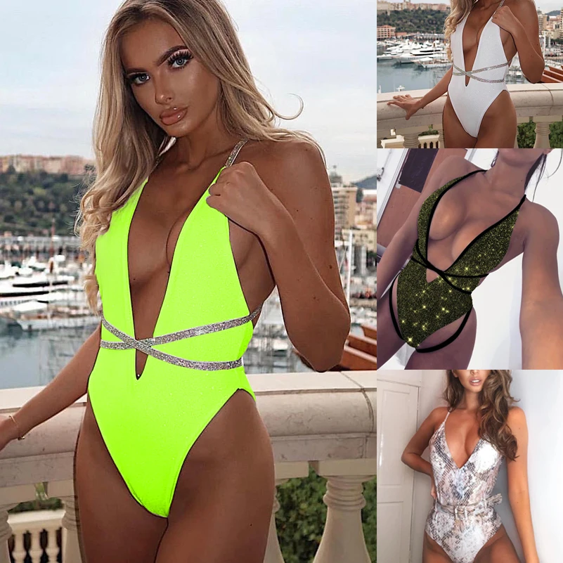 

Bikinis High Waist 2019 Women Swimsuits One Piece Sexy Sequin Bikini Bandage Bathing Suit Push Up Monokini Swimsuit For Women