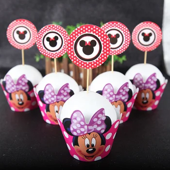 

12pcs Wrappers + 12pcs Toppers Minnie Mouse Theme Paper Cupcake Cake Decoration Kids Birthday Party Decorations Supplies