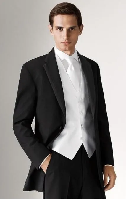 2017, Новая мода Черная курточка с белый жилет Жених Смокинги Нотч Женихи Для мужчин Нарядные Костюмы для свадьбы (куртка + штаны + галстук +