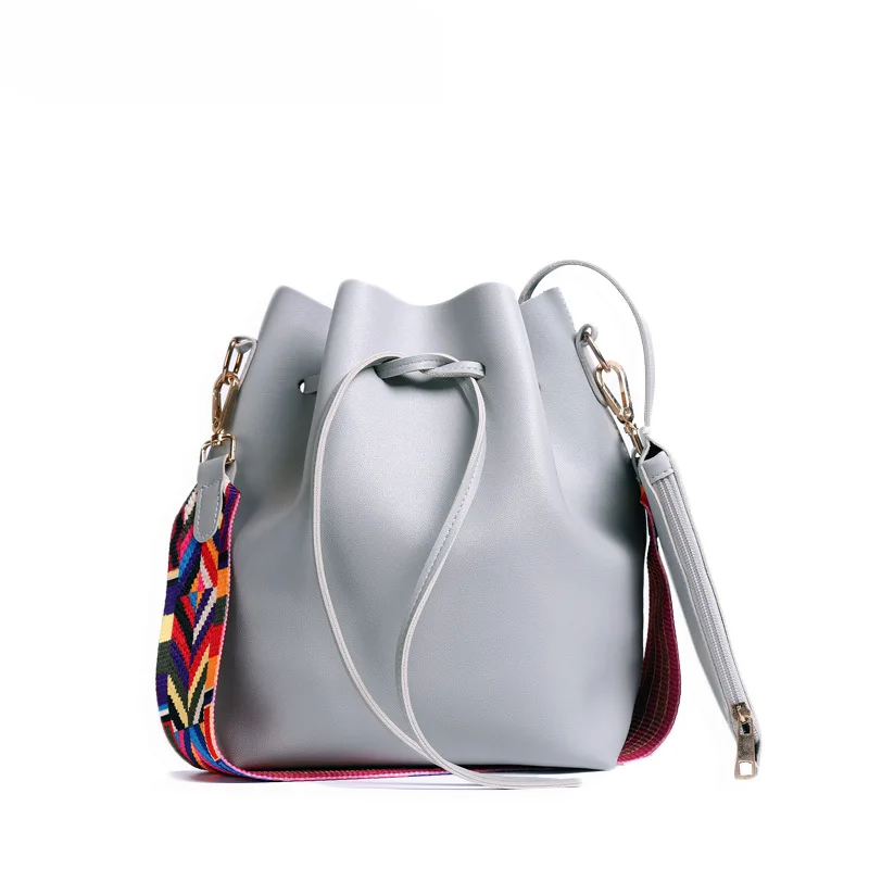 

New Hot Women Bag with Colorful Strap Bucket Bag Women PU Leather Shoulder Bags Brand Designer Ladies Crossbody Messenger Bags