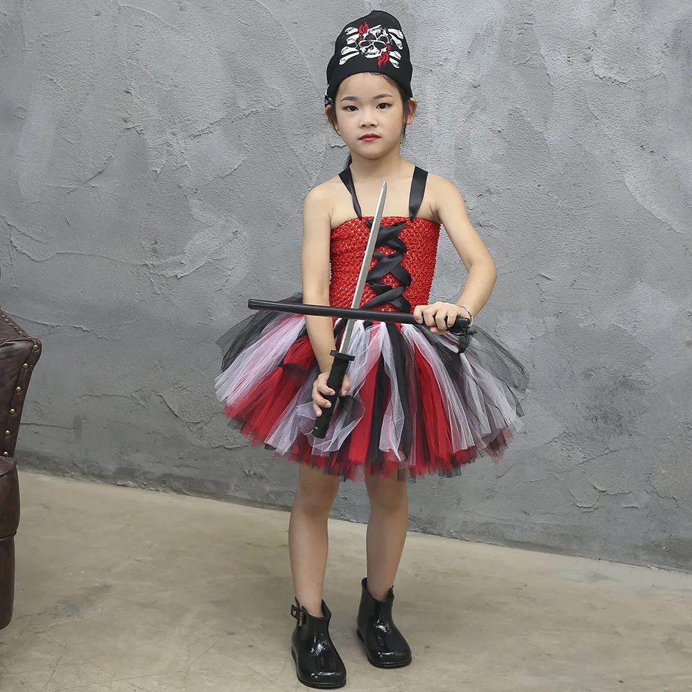 Ужасная Девушка пиратский костюм платье-пачка с шарфом Черный Красный Дети Хэллоуин вечернее платье детские костюмы косплей