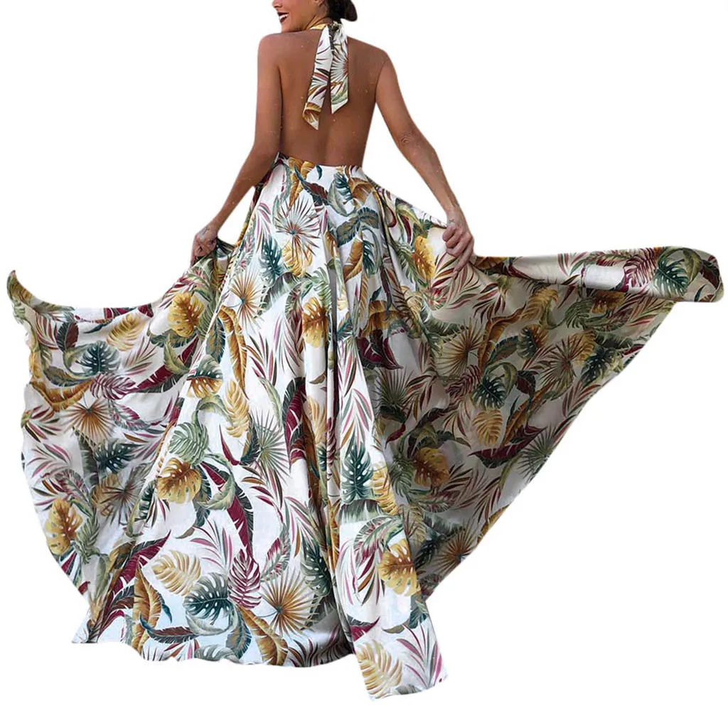 

Bohemian Dress Vintage Floral printing Off Shoulder Backless V-Neck Halter Dresses For Woman Party Night Ropa De Mujer#TT