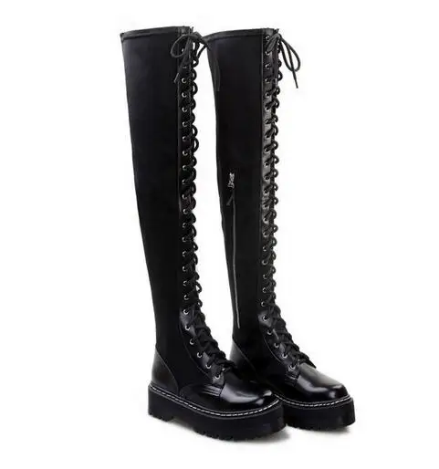 

High Quality Winter European Style 2017 Women Punk Thick Bottom Platform Lace-up High Boots Elastic Knee Women Boots Free Ship