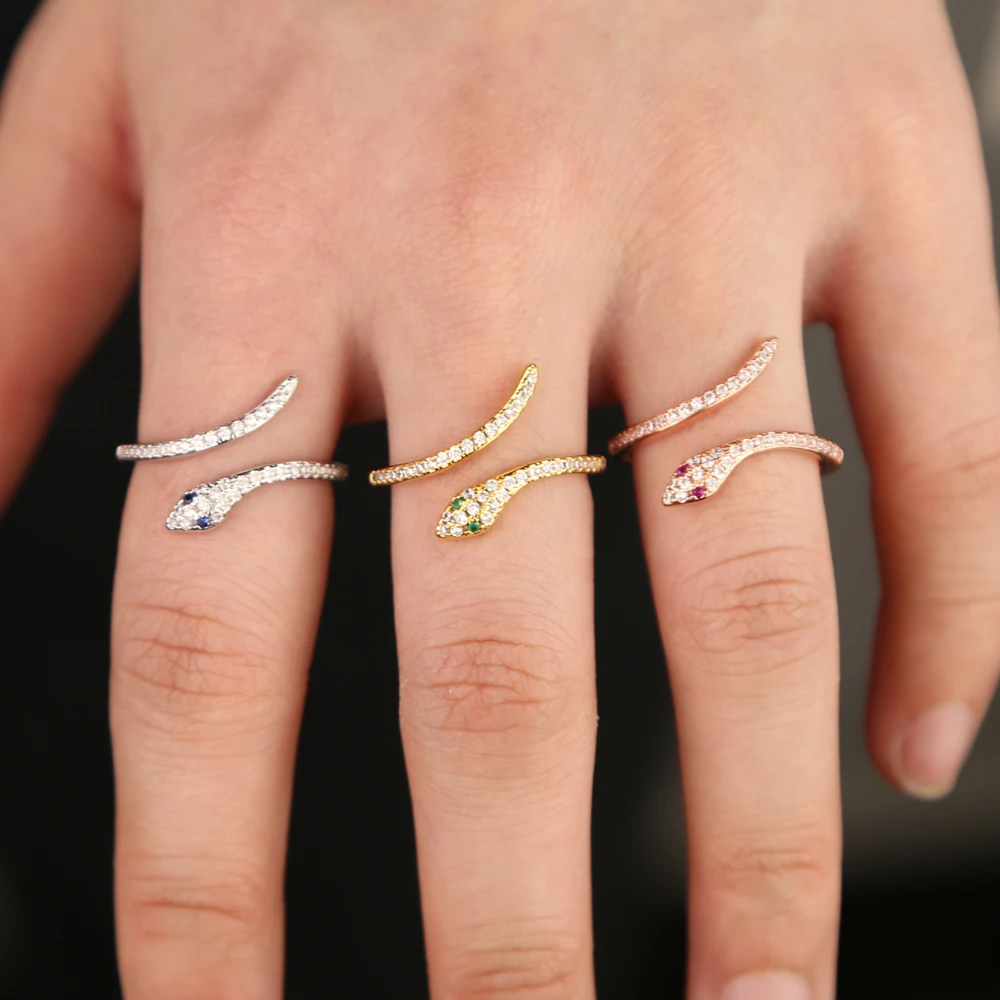 

2019 new wholesale cz fashion jewelry high quality gold rose silver 3 colors open snake finger trendy ring for women