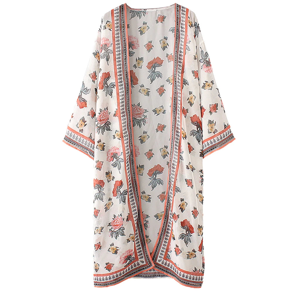 

Women 2018 Summer Boho Women Blouses Tops Loose Kimono Half Sleeve Print Long Cardigan Blusas Femininas Beach Cover-ups
