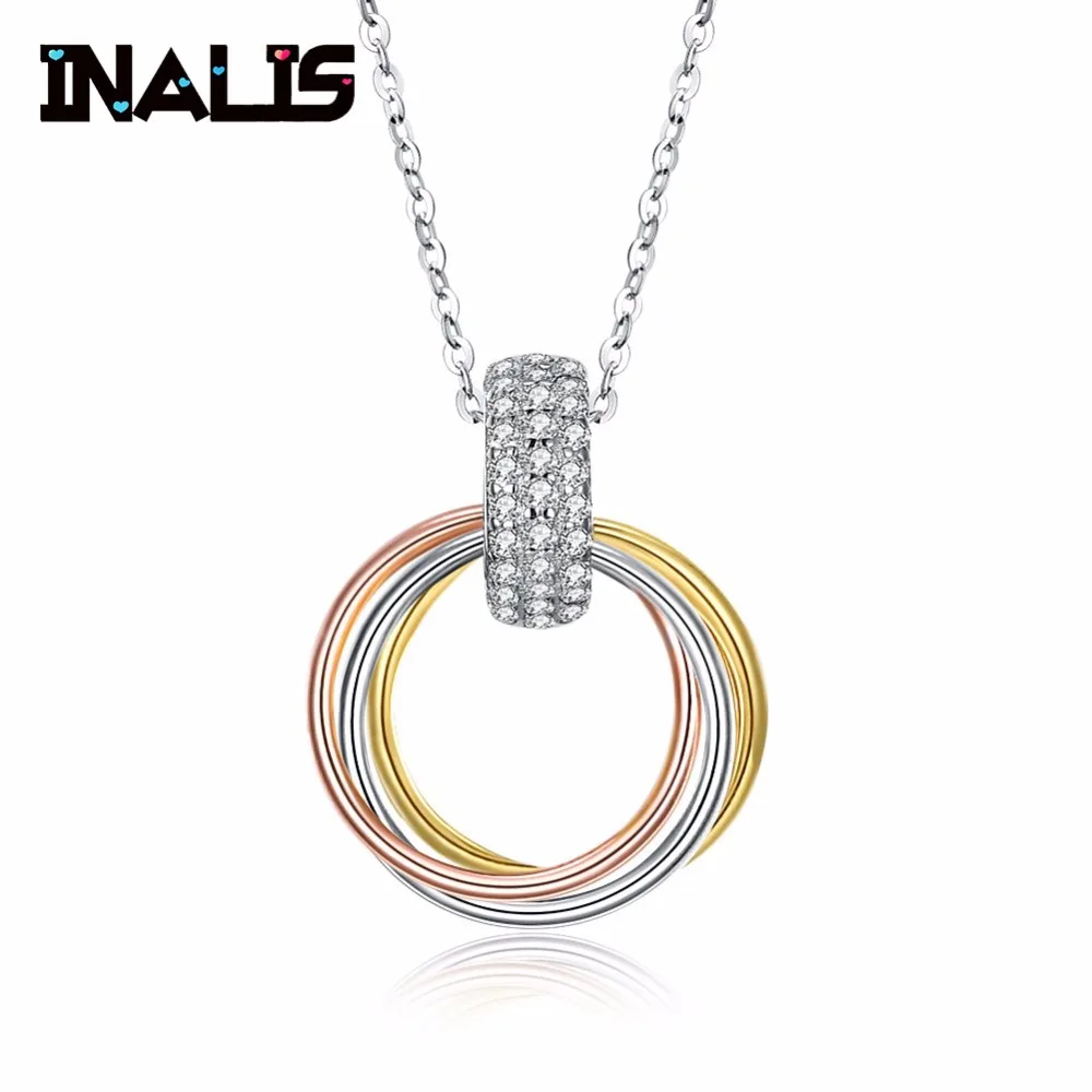 

INALIS 2018 New Fine Jewelry Link Chain with Yellow Rose Gold 925 Silver Round Pendant Micro Paved CZ Necklace for Women Gift
