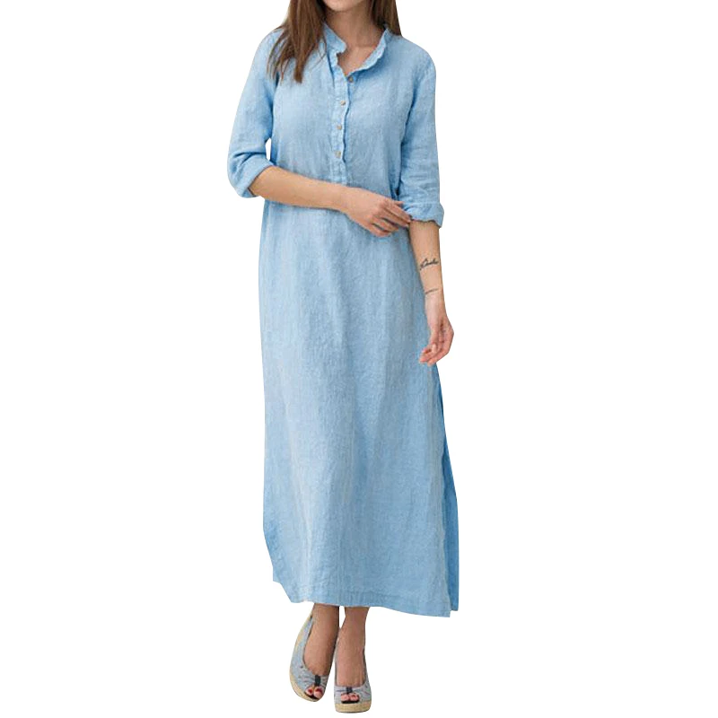 New Women Cotton Linen Maxi Dress Casual Long Sleeves Side Pockets Long ...