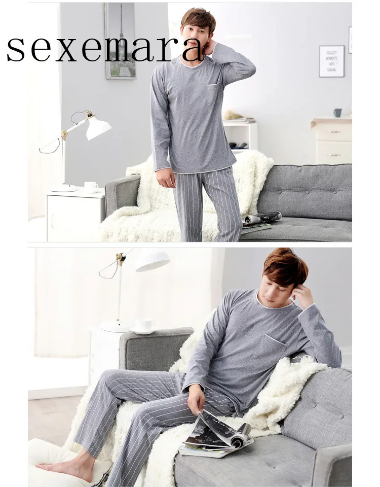 2019  brand new arrival fashion casual men sleeping cloth 100% cotton long sleeve solid pajamas o-neck free shipping