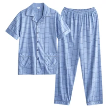 Лето хлопок полосатый мужской Пижамный костюм Turn-Down воротник Повседневный Мягкий Плюс Размер L-3XL Мужская пижама Короткие топы+ длинные брюки