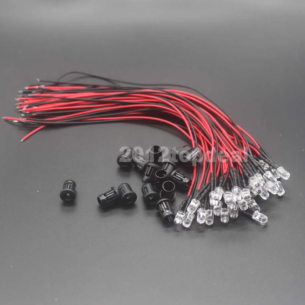 3V 5V 12V 24V 5MM LED Diode Light Clear 20cm Cable Pre-Wired With Plastic Holder